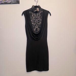 Elegant turtle neck beading black dress